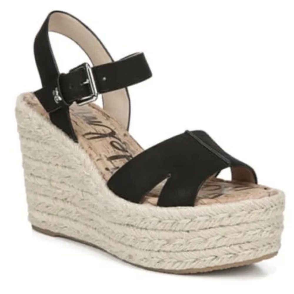 Sam Edelman 9.5 M Maura Espadrille Wedges Peep Toe Sandals Black NEW 1864
